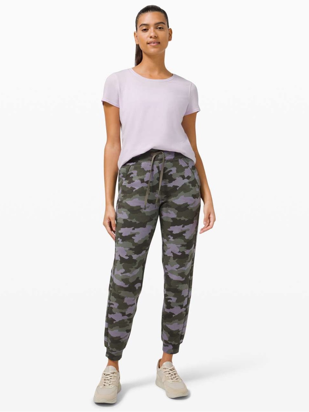 Lululemon Scuba High-Rise Joggers in a Camo Dusky Lavender Multi print.